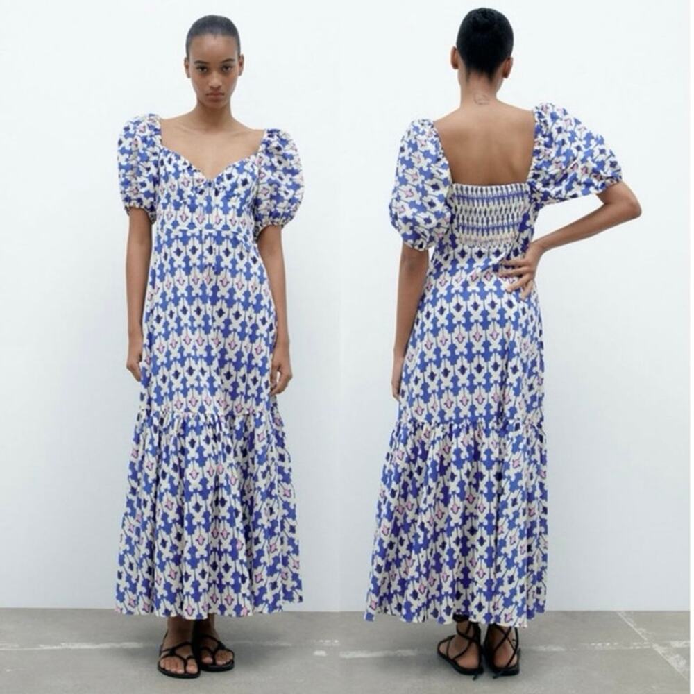 Zara Blue White Printed Short Puff Sleeve Smocked V-Neck Midi A-line Dress Sz L